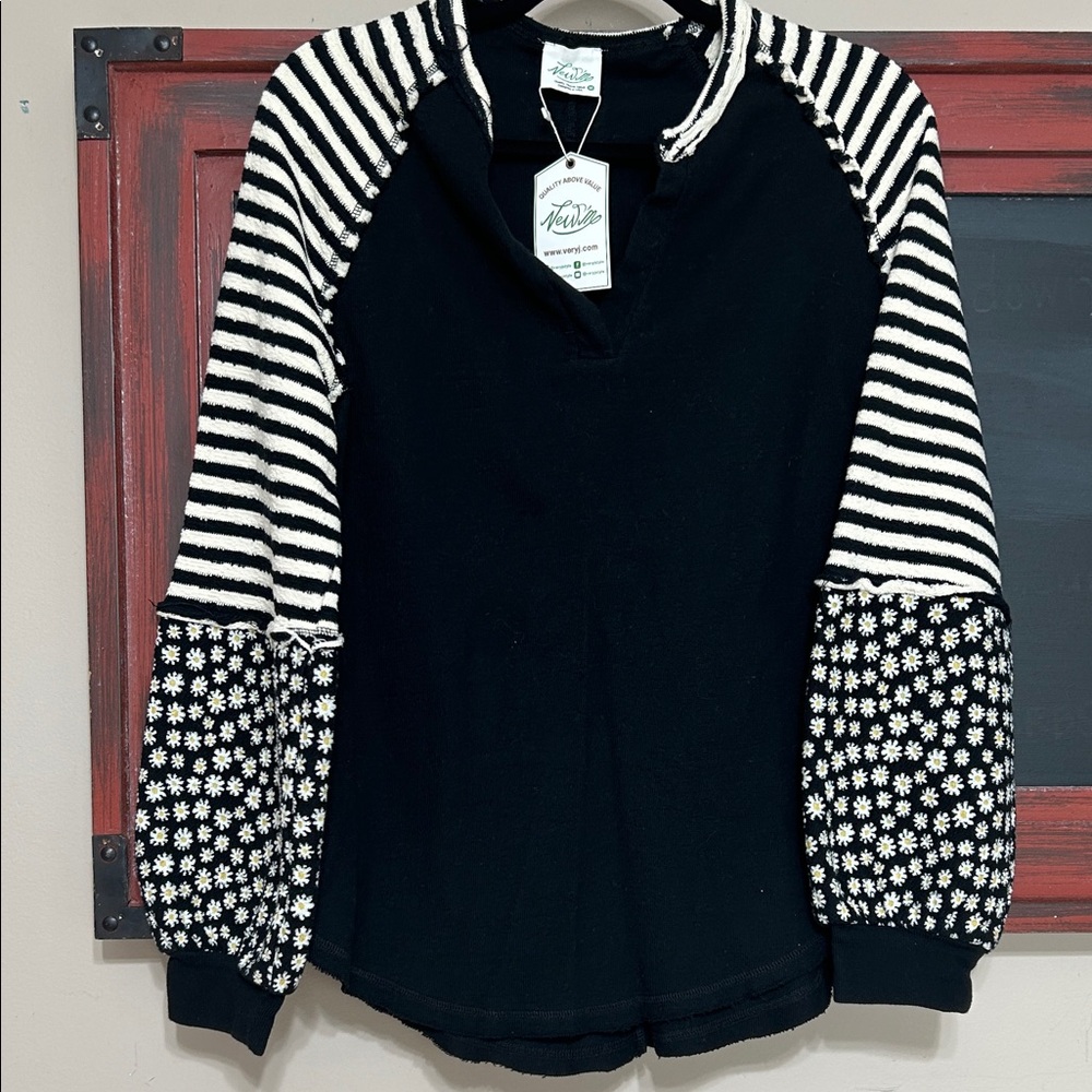 New Mix Black Pullover with Striped and Daisy Raglan Sleeves